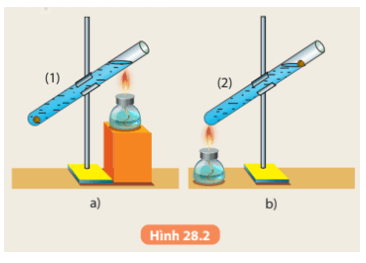 Chuẩn bị:Hai ống nghiệm đựng nước: ống (1) có gắn viên sáp ở đáy